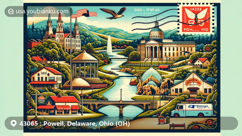 Modern illustration of Powell, Ohio, showcasing ZIP code 43065 with Columbus Zoo & Aquarium, Olentangy Indian Caverns, and postal-themed elements like vintage stamp, postal truck, and mailbox, set against scenic Olentangy Valley background.