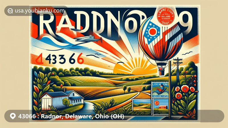 Modern illustration of Radnor, Delaware County, Ohio, featuring postal theme with ZIP code 43066, incorporating symbols of Radnor, Ohio, and the broader Delaware County in a wide contemporary style.