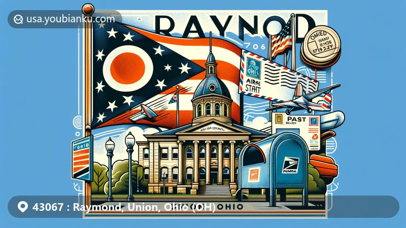 Modern illustration of Raymond, Union County, Ohio, incorporating iconic elements like Ohio state flag and Union County Courthouse, with postal features including airmail envelope, postal stamp, and mailbox.