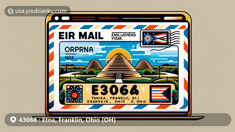 Modern illustration of Etna, Franklin County, Ohio, featuring postal theme with ZIP code 43068, showcasing Etna Township Mounds, Native American mounds of historical and cultural significance, integrated with Ohio state silhouette and flag.
