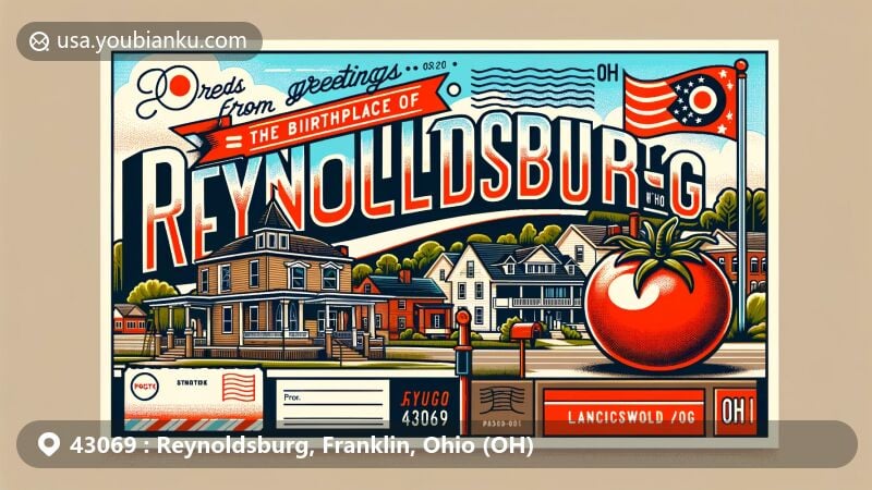 Modern illustration of Reynoldsburg, Ohio, featuring Livingston House, Blacklick Woods Park, and a prominent tomato, celebrating the city as the birthplace of the tomato, with suburban landscape in the background.