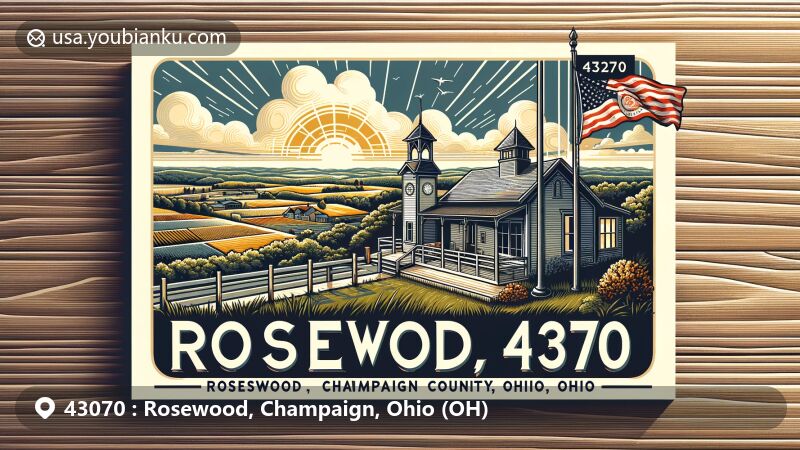 Modern illustration of Rosewood, Champaign County, Ohio, depicting serene countryside with vintage post office and Ohio state flag, showcasing ZIP code 43070.