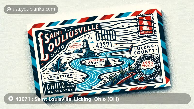 Modern illustration of Saint Louisville, Licking County, Ohio, showcasing postal theme with ZIP code 43071, featuring North Fork of the Licking River and Ohio state map outline.