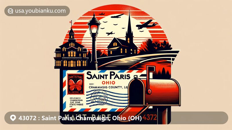 Modern illustration of Saint Paris, Champaign County, Ohio, showcasing postal theme with ZIP code 43072, featuring Kiser Lake State Park and classic red mailbox.