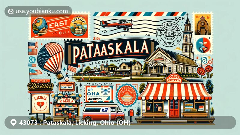 Modern illustration of Pataskala, Licking, Ohio, depicting local culture and landmarks including Pataskala Street Fair, The Dawes Arboretum, and a '50s diner, featuring vintage postal elements like air mail envelope, stamps with landmarks, ZIP Code 43073 stamp, and a mailbox.