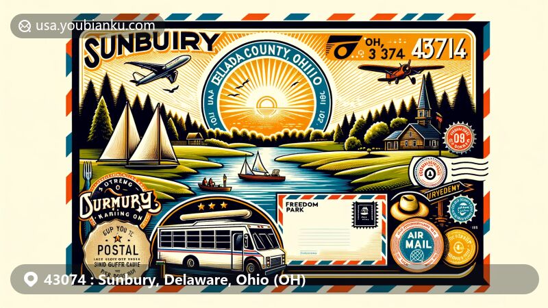 Modern illustration of Sunbury, Delaware County, Ohio, showcasing postal theme with ZIP code 43074, featuring Alum Creek Marina, Freedom Park, and visual symbols of postal communication.