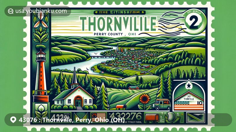 Modern illustration of Thornville, Perry County, Ohio, highlighting its tranquil landscapes and local culture, featuring NovelTree Farm evergreen trees, rolling hills, and small-town charm.
