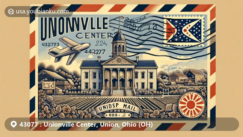 Modern illustration of Unionville Center, Union County, Ohio, showcasing postal theme with ZIP code 43077, featuring Historic Union County Courthouse, Ohio state flag, Friendship Garden, and vintage postal elements.
