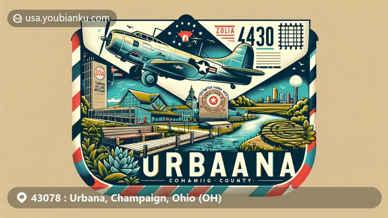 Modern illustration of Urbana, Champaign, Ohio, highlighting postal theme with ZIP code 43078, featuring key landmarks like Champaign Aviation Museum, Cedar Bog State Nature Preserve, and Freshwater Farms of Ohio.