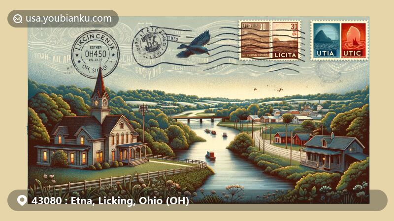 Modern illustration of Etna and Utica, Licking County, Ohio, combining rural charm with postal elements, showcasing Township Hall, Main Street at night, and the North Fork of the Licking River.