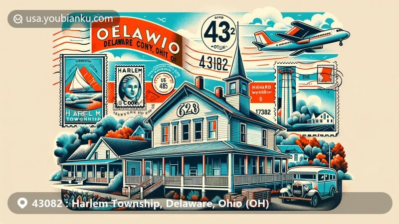Modern illustration of Harlem Township, Delaware County, Ohio, showcasing postal theme with ZIP code 43082, featuring the John Cook House, Ohio Historic Marker dedicated to Richard W. Thompson, and elements highlighting the township's cultural and natural landscape.