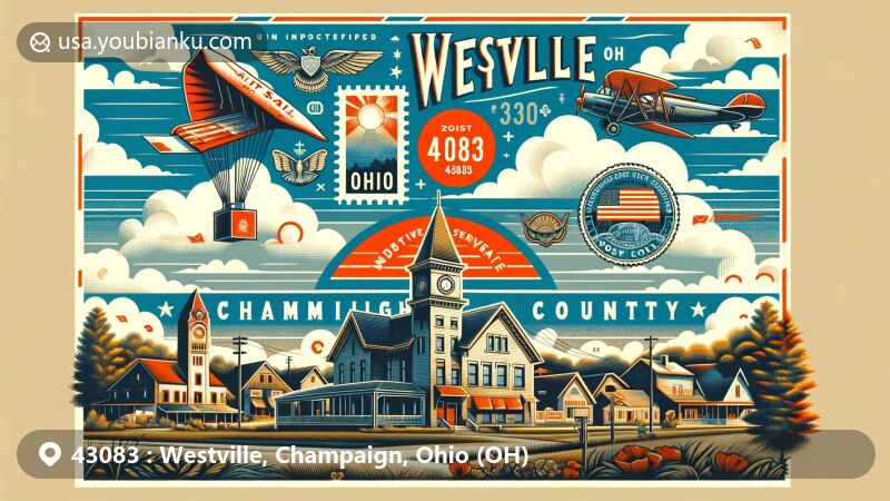 Modern illustration of Westville, Ohio, Champaign County, blending postal elements with serene rural landscape, featuring post office and vintage air mail envelope with ZIP code 43083, surrounded by Ohio landmarks.