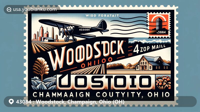 Modern illustration of Woodstock, Champaign County, Ohio, featuring stylized air mail envelope with a stamp highlighting location within Ohio and village of Woodstock. Includes rural landscapes, agricultural motifs, and local flora, capturing serene and community-oriented atmosphere.