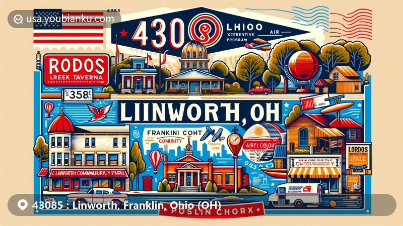 Modern illustration of Linworth, Ohio, depicting local culture and postal elements, including the Linworth Experiential Program, Rodos Greek Taverna, and Linworth Road Community Park, integrated with vintage air mail envelope, postal stamps, and postmark '43085 Linworth, OH'.