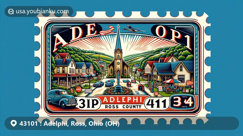 Modern illustration of Adelphi, Ross County, Ohio, featuring Methodist Church and community events, surrounded by natural landscapes and vintage postage stamp with ZIP code 43101.