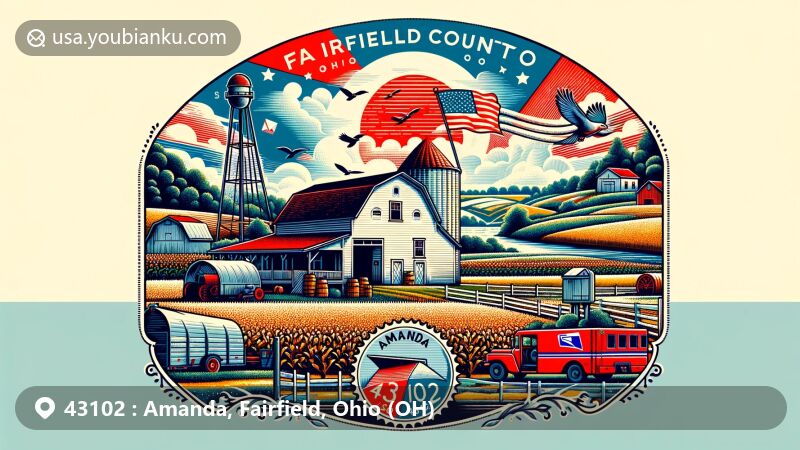 Modern illustration of Amanda, Fairfield County, Ohio, showcasing postal theme with ZIP code 43102, featuring agricultural landscapes, Amanda Wedding Barn, vintage postal elements, Ohio state flag, and vibrant community spirit.