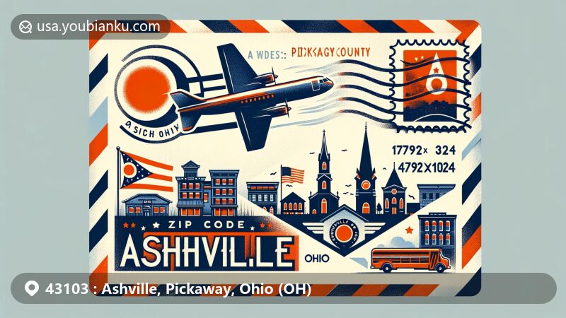 Modern illustration of Ashville area, Pickaway County, Ohio, with airmail envelope theme, featuring Ohio state flag, Pickaway County silhouette, and landmarks like Ohio's Small Town Museum.