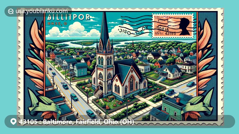 Modern illustration of Baltimore, Fairfield County, Ohio, showcasing village's quaint layout and small-town charm, featuring Trinity United Church of Christ and postal elements with ZIP code 43105.