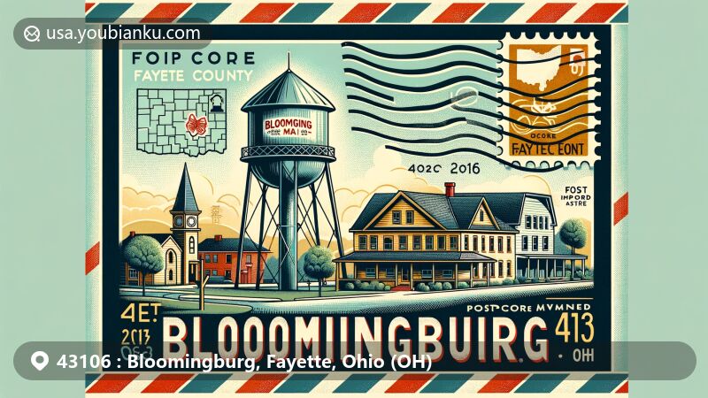 Modern illustration of Bloomingburg, Ohio, with ZIP code 43106, featuring water tower landmark and Underground Railroad connection, set in vintage air mail envelope design.