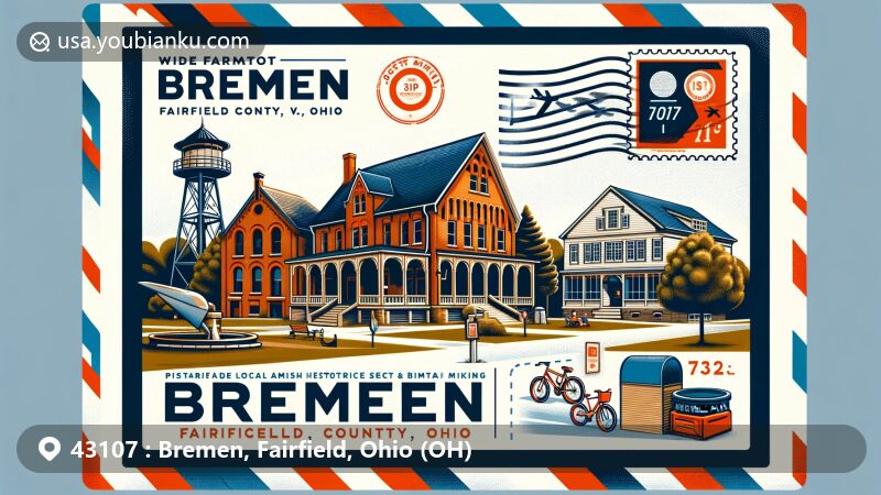 Modern illustration of Bremen, Fairfield County, Ohio, with ZIP code 43107, featuring tree-lined streets, historic homes, Bremen Area Historical Society & Museum, and vibrant Amish community, along with recreation at Howell Park.