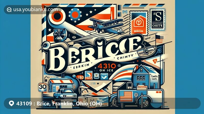Modern illustration of Brice, Franklin County, Ohio, showcasing creative postal theme with ZIP code 43109, featuring aerial mail envelope overflowing with Ohio state flag, Franklin County outline, and historical nods to village founding in 1880.
