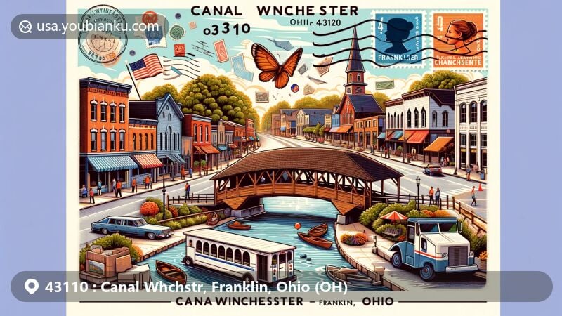 Modern illustration of Canal Winchester, Franklin County, Ohio, showcasing historic downtown with Bergstresser Bridge and postal elements, capturing vibrant essence of community festivals and local landmarks.