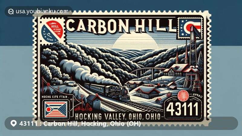 Creative portrayal of Carbon Hill area in Hocking County, Ohio, featuring Hocking Valley Scenic Railway, Old Man's Cave, Ash Cave, and Ohio state flag on postal-themed design with ZIP code 43111.