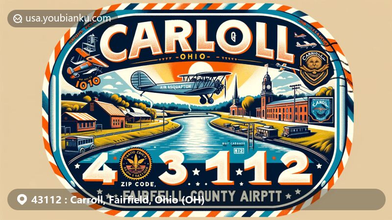 Modern illustration of Carroll, Fairfield County, Ohio, representing ZIP code 43112, featuring vintage air mail envelope with postal theme, highlighting Ohio-Erie and Lancaster Lateral Canals intersection, silhouette of Fairfield County's landscape, and Historical Aircraft Squadron Museum at Fairfield County Airport.