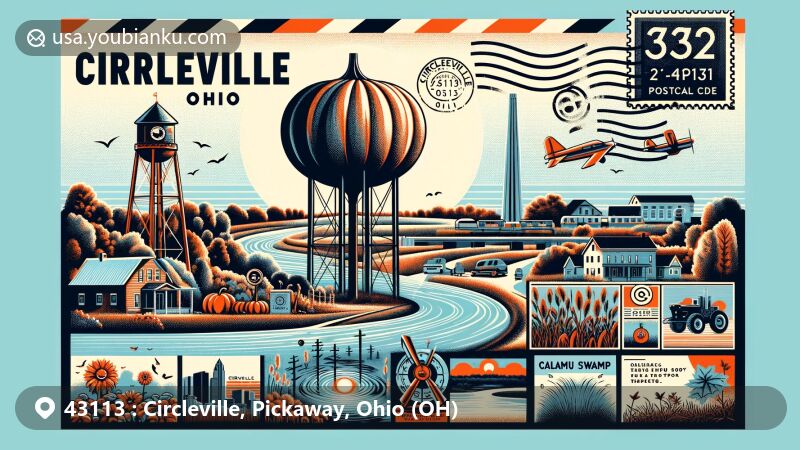 Modern illustration of Circleville, Ohio, featuring the iconic Pumpkin Water Tower, Calamus Swamp, and Scioto River, with postal theme and ZIP code 43113.