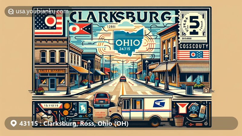 Modern illustration of Clarksburg, Ross County, Ohio, blending regional charm with postal elements, featuring main intersection, Ross County outline, Ohio state flag, and postal motifs.
