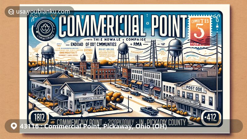 Modern illustration of Commercial Point, Ohio, showcasing historical merger of Genoa and Rome into Commercial Point in 1872, emphasizing fastest-growing community in Pickaway County with family-friendly atmosphere and community landmarks.