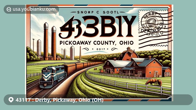 Modern illustration of Derby, Pickaway County, Ohio, showcasing rural charm with a railroad, barn, and silos, set against lush Ohio countryside, incorporating postal elements and vintage-style post stamp featuring Ohio state flag.