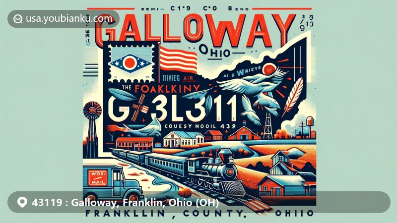 Modern illustration of Galloway, Ohio, showcasing postal theme with ZIP code 43119, featuring Big Darby Creek, Camp Chase Railway crossing, vintage airmail elements, Ohio state flag on postage stamp, postal mark, and stylized mail transportation. Reflects rural and suburban character, history, and geography in colorful, engaging style suitable for web use.