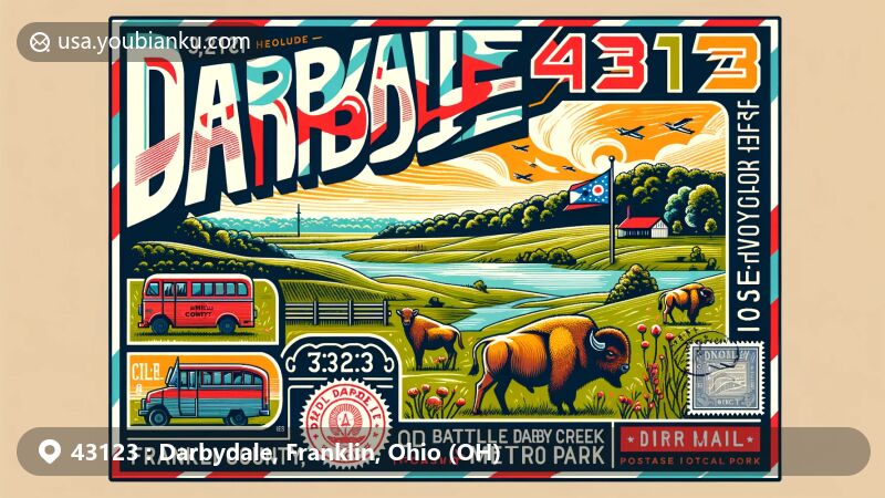 Modern illustration of Darbydale, Franklin County, Ohio, featuring Ohio state flag, Franklin County outline, Battelle Darby Creek Metro Park, and postal theme with vintage elements.