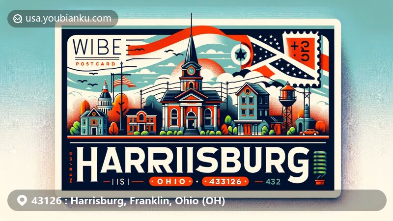 Modern illustration of Harrisburg, Franklin County, Ohio, showcasing a postcard design with elements representing the town and a postal theme, featuring typical small town scene with village hall, traditional houses, and Ohio state flag motifs.