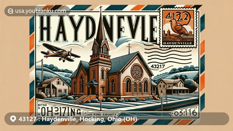 Creative and modern illustration of Haydenville, Hocking County, Ohio, showcasing the historic Haydenville Historic District and the Haydenville United Methodist Church, set against the backdrop of Hocking County's lush landscapes and notable landmarks within a vintage airmail envelope.