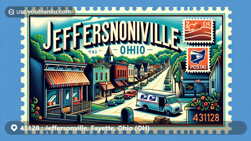 Modern illustration of Jeffersonville, Ohio, with ZIP code 43128, blending local charm and postal themes in a wide-format style, focusing on Main Street's scenic view.