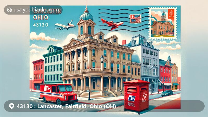 Modern illustration of Lancaster, Ohio, Fairfield County, showcasing Square 13 Historic District's 19th-century diverse architectural styles, blending historical landmarks depicting the city's rich heritage. Creative postcards and airmail envelopes in the foreground integrate '43130' ZIP code with Lancaster's name, featuring a landmark building like Georgian Museum on a postage stamp. A classic red mailbox and a postal van on one side or bottom add postal whimsicality. The artwork, in a modern illustration style, vividly captures Lancaster's historical essence and postal features.