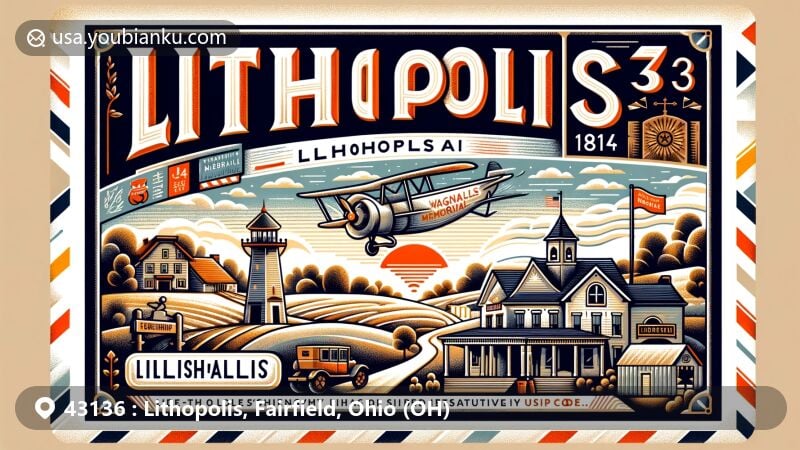 Creative illustration of Lithopolis, Ohio, Fairfield County, showcasing Wagnalls Memorial Library, Honeyfest, and vintage air mail theme with ZIP code 43136, embodying village charm and communication.