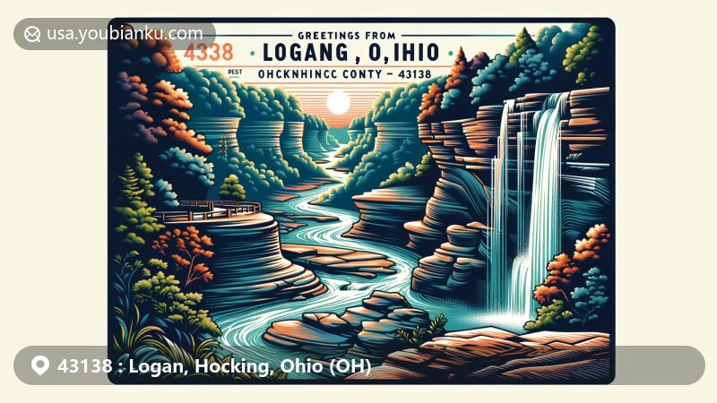Modern illustration of Logan, Hocking County, Ohio, showcasing postal theme with ZIP code 43138, featuring Hocking Hills State Park's iconic landscapes, including Old Man's Cave, Devil's Bathtub, and Eagle Rock.