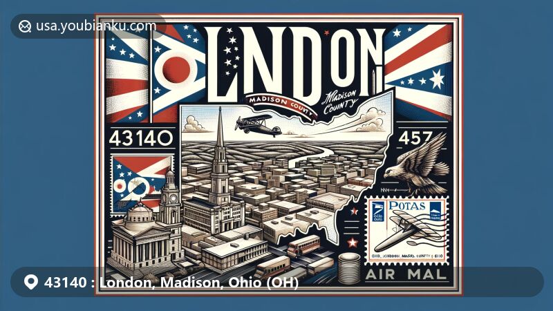 Modern illustration of London, Madison County, Ohio, showcasing postal theme with ZIP code 43140, incorporating Ohio state flag, Madison County outline, and landmarks symbolizing London's community atmosphere.