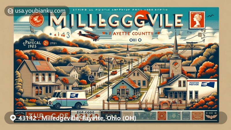 Modern illustration of Milledgeville, Fayette County, Ohio, depicting the rural charm and postal theme with ZIP code 43142, featuring air mail envelope, vintage stamps, and postal truck.