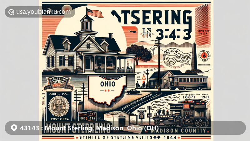 Modern illustration of Mount Sterling, Ohio, featuring ZIP code 43143 and postcard design, highlighting village history since establishment in early 19th century, including Mount Sterling Post Office and Ohio state silhouette.