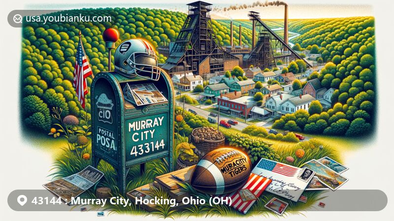 Modern illustration of Murray City, Hocking County, Ohio, with ZIP code 43144, featuring aerial view and postal theme, highlighting lush greenery and historical elements like a coal mine entrance and semi-pro football legacy of the Murray City Tigers.