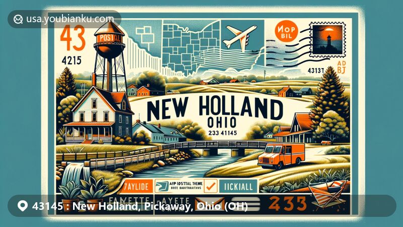 Modern illustration of New Holland village, Ohio, highlighting postal theme with ZIP code 43145, featuring iconic elements like water tower and old bridge, alongside Fayette and Pickaway counties' geography.