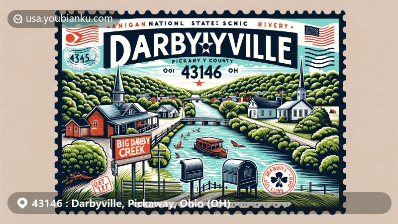 Modern illustration of Darbyville, Pickaway County, Ohio, featuring Big Darby Creek as National and State Scenic River, quaint village, postal symbols, and vibrant colors.