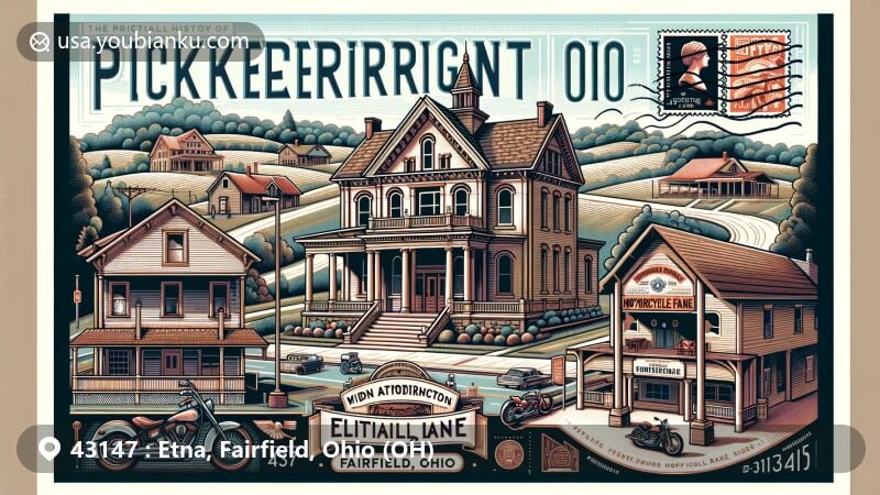 Modern illustration of Etna, Fairfield, Ohio, depicting key landmarks like the Elisha Morgan Mansion, Fairfield Lane Library, and Motorcycle Hall of Fame, set against a backdrop of Pickerington's historical charm with hills, log houses, and a lively community.