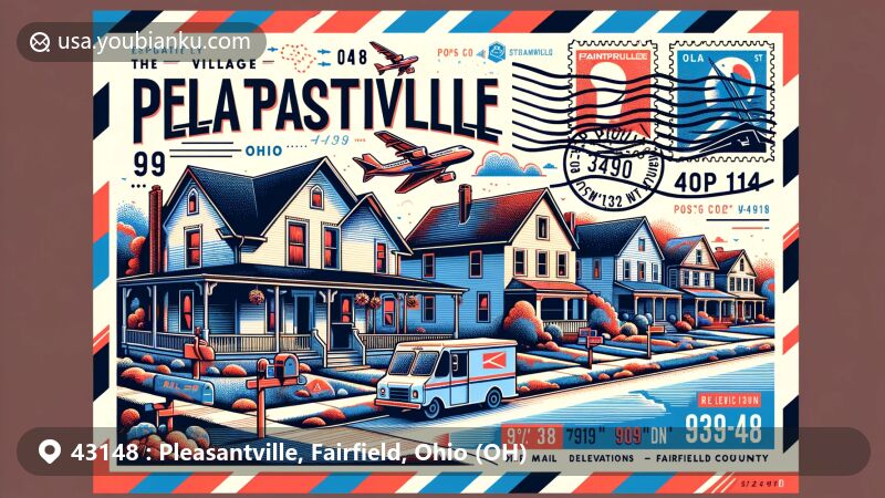 Modern illustration of Pleasantville village, Fairfield County, Ohio, highlighting ZIP code 43148, featuring charming Columbus Street houses and Fairfield County's geographical outline.
