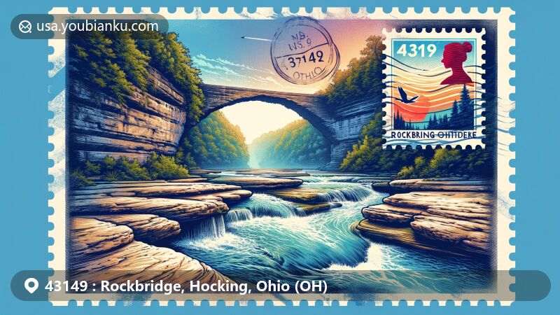 Creative depiction of Rockbridge, Hocking, Ohio, showcasing the iconic natural sandstone bridge within a vintage air mail envelope, emphasizing ZIP code 43149 and postal elements.