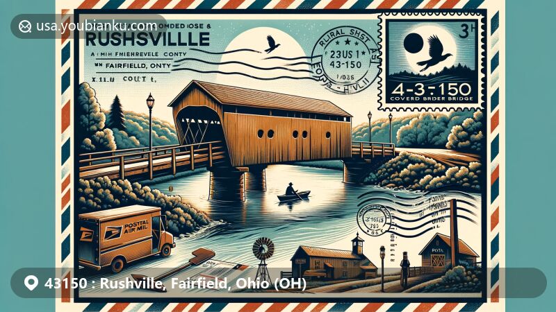Modern illustration of Rushville, Ohio, highlighting postal theme with ZIP code 43150, showcasing R.F. Baker Covered Bridge over a scenic creek, embodying local history and natural beauty.